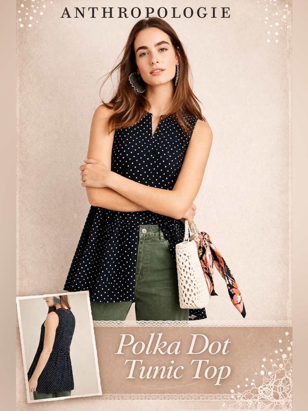 Anthropologie Navy Polka Dot Tunic top Front button up Fit & Flare Sleeveless